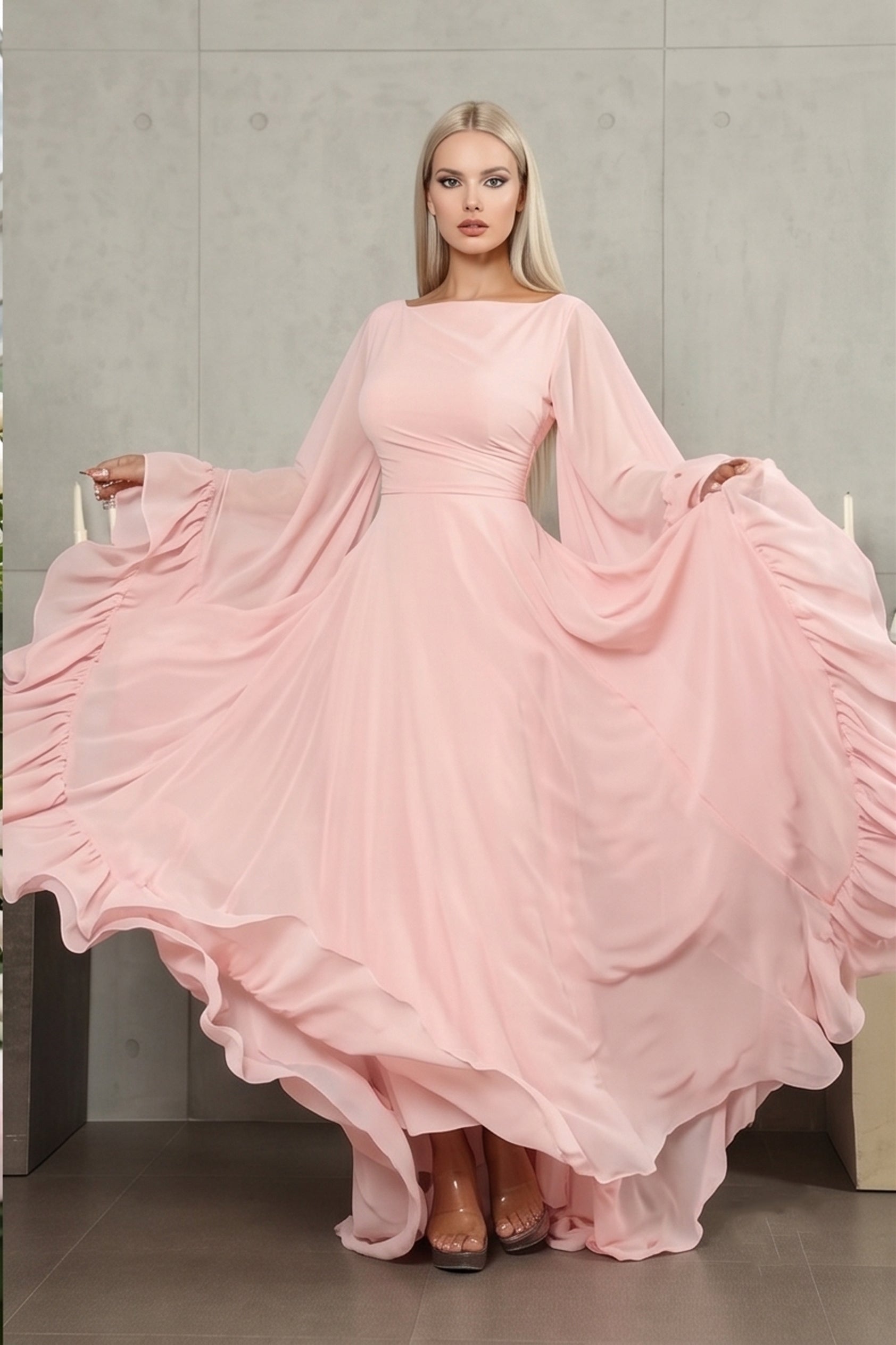 Ruffle Flared Sleeve Tulle Puff Tiered Maxi Dress