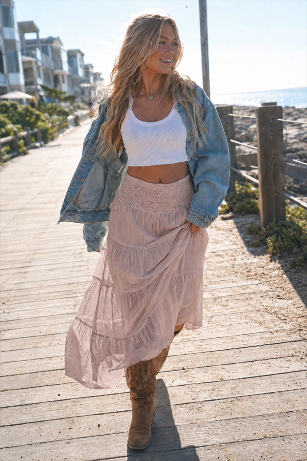 Boho Chic High Waisted Contrast Drawstring A Line Maxi Skirt