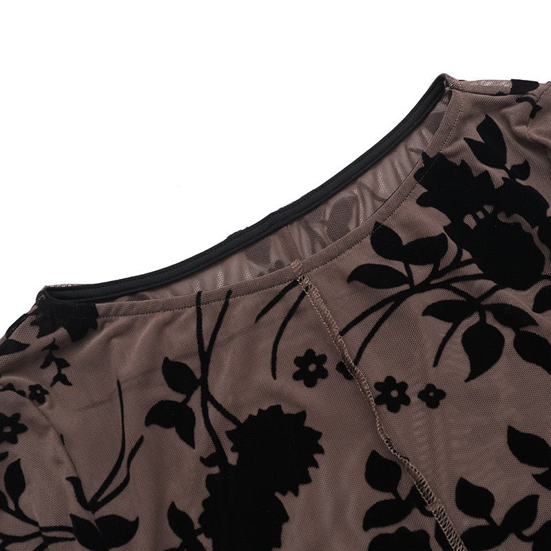 Bell Sleeve Semi-Sheer Flocking Blouse