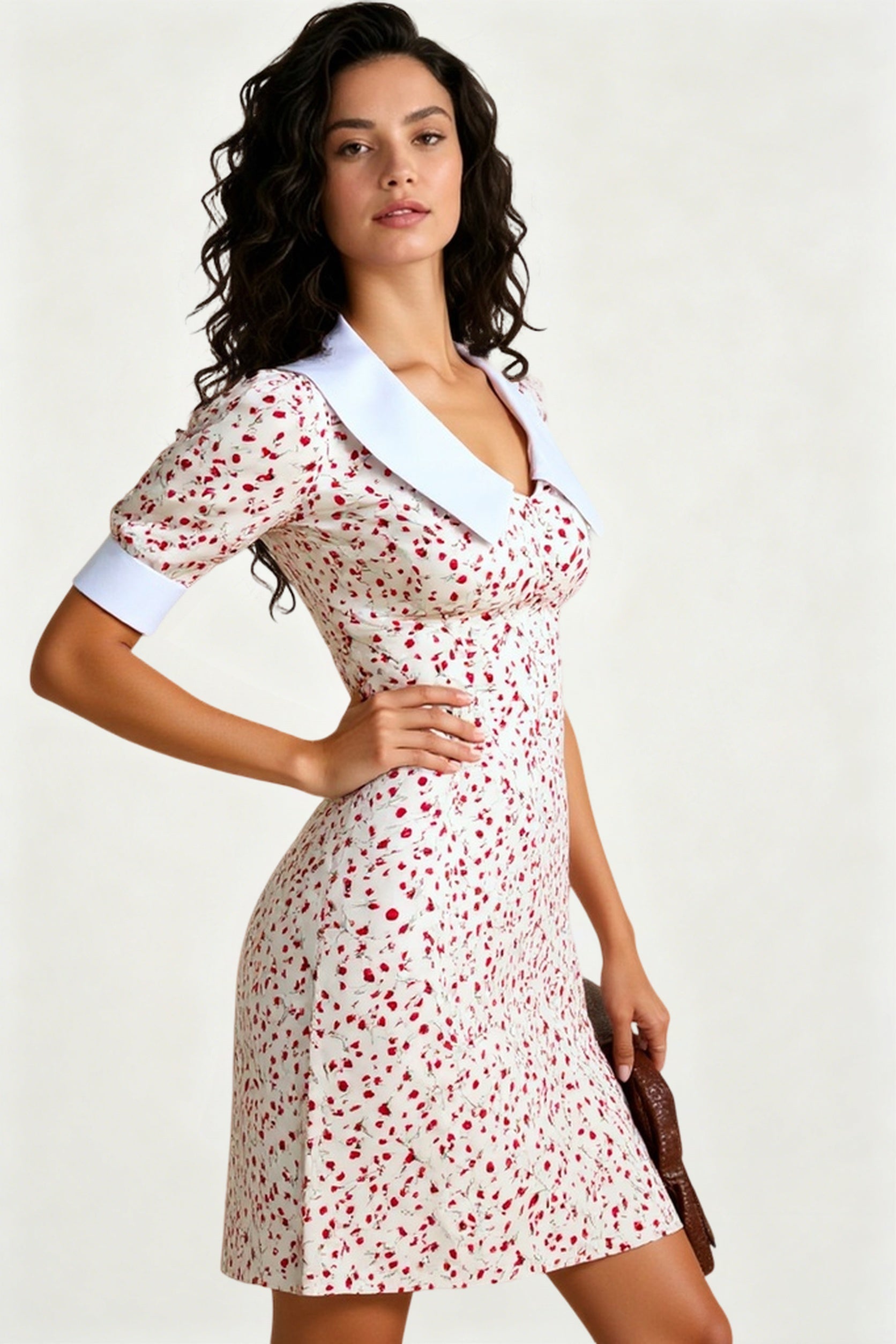 V-Neck Floral Puff Sleeve Babydoll Mini Dress