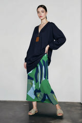 Color Block Print Pleated Vacation Skirt