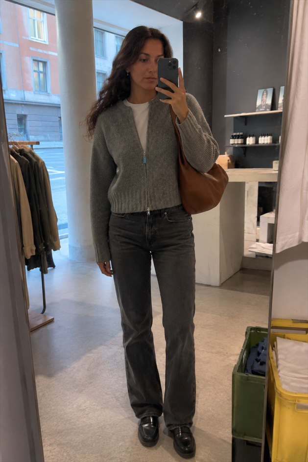 Crew-Neck Long-Sleeve Zip Solid Knit Cardigan