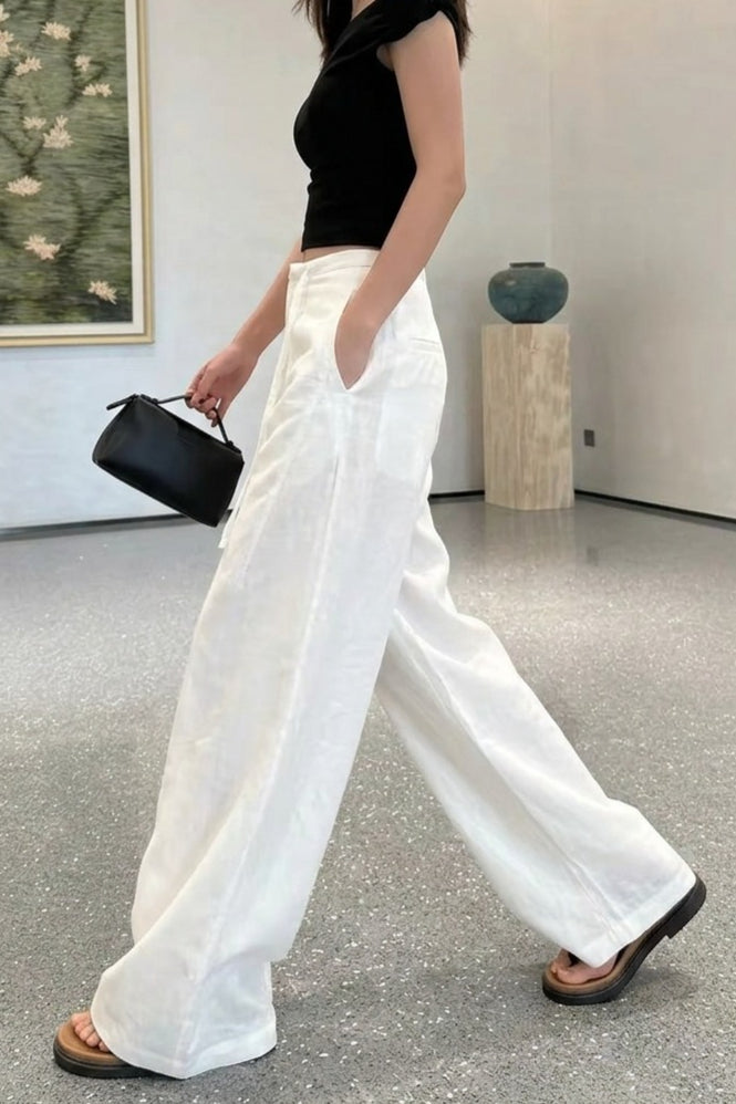 Linen High Waist Draped Wide Leg Pants