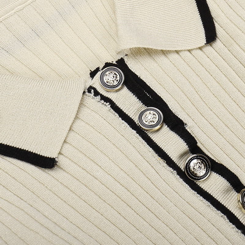Contrast Trim Collared Rib Knit Short Sleeve Midi Dress