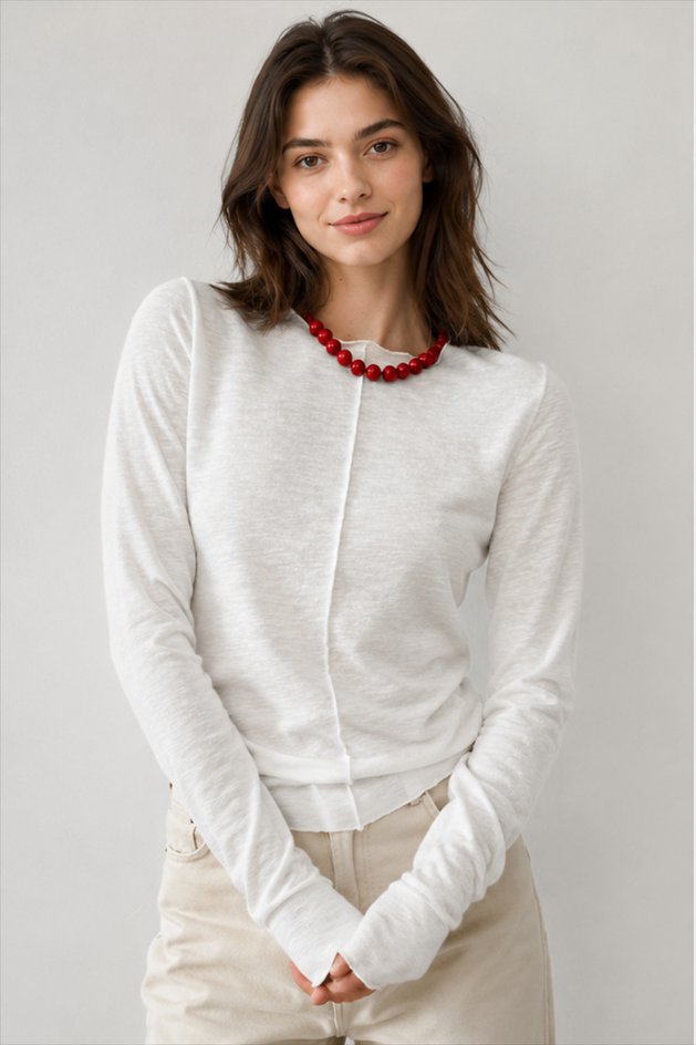 White Crew Neck Knit Panel Long Sleeve Tee