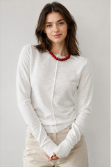 White Crew Neck Knit Panel Long Sleeve Tee