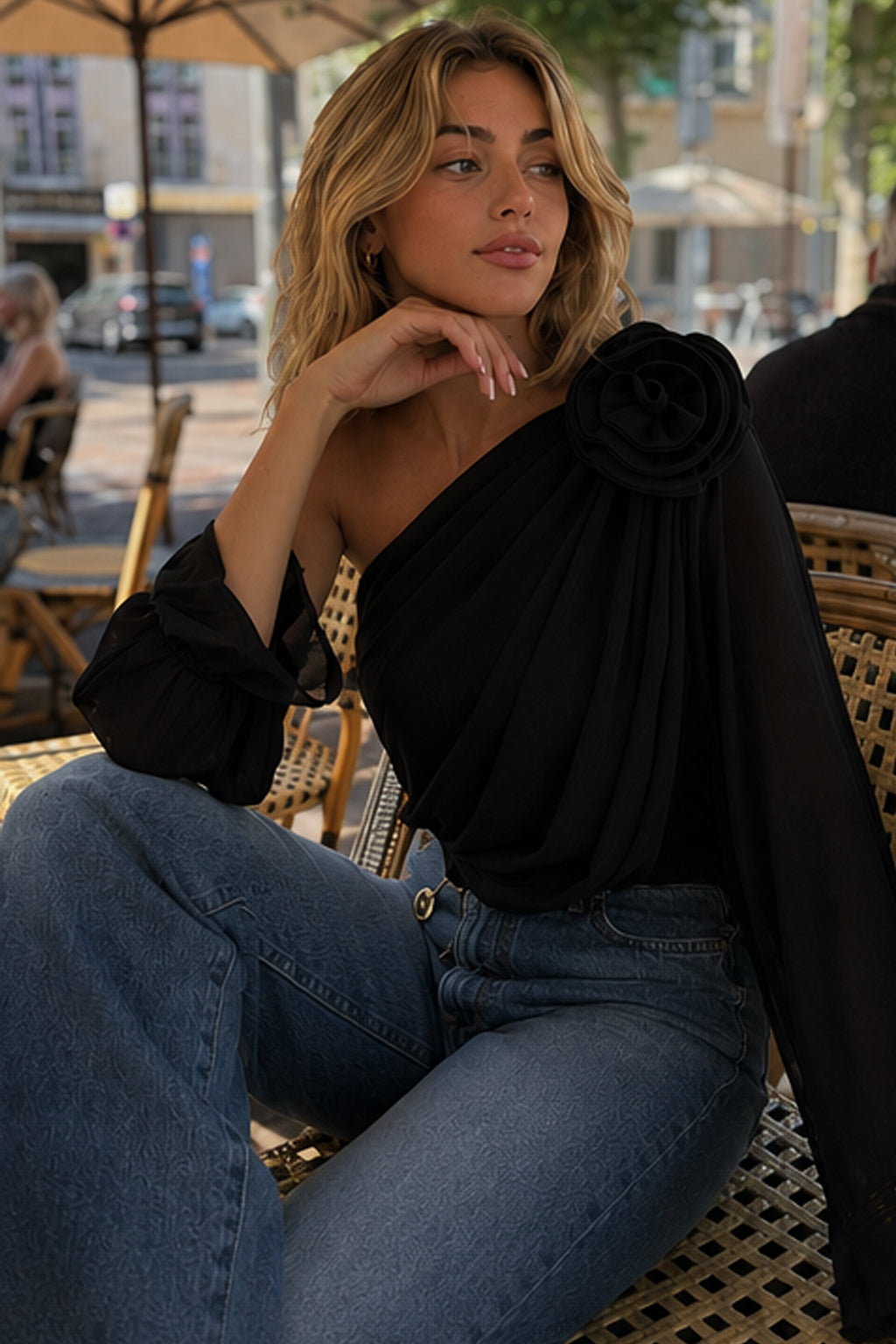 Chiffon Floral Off-the-Shoulder Fitted Blouse