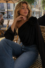 Chiffon Floral Off-the-Shoulder Fitted Blouse