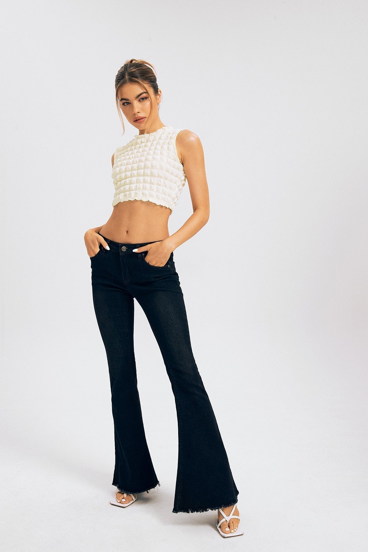 Bubble Textured Lettuce Trim Sleeveless Crop Top