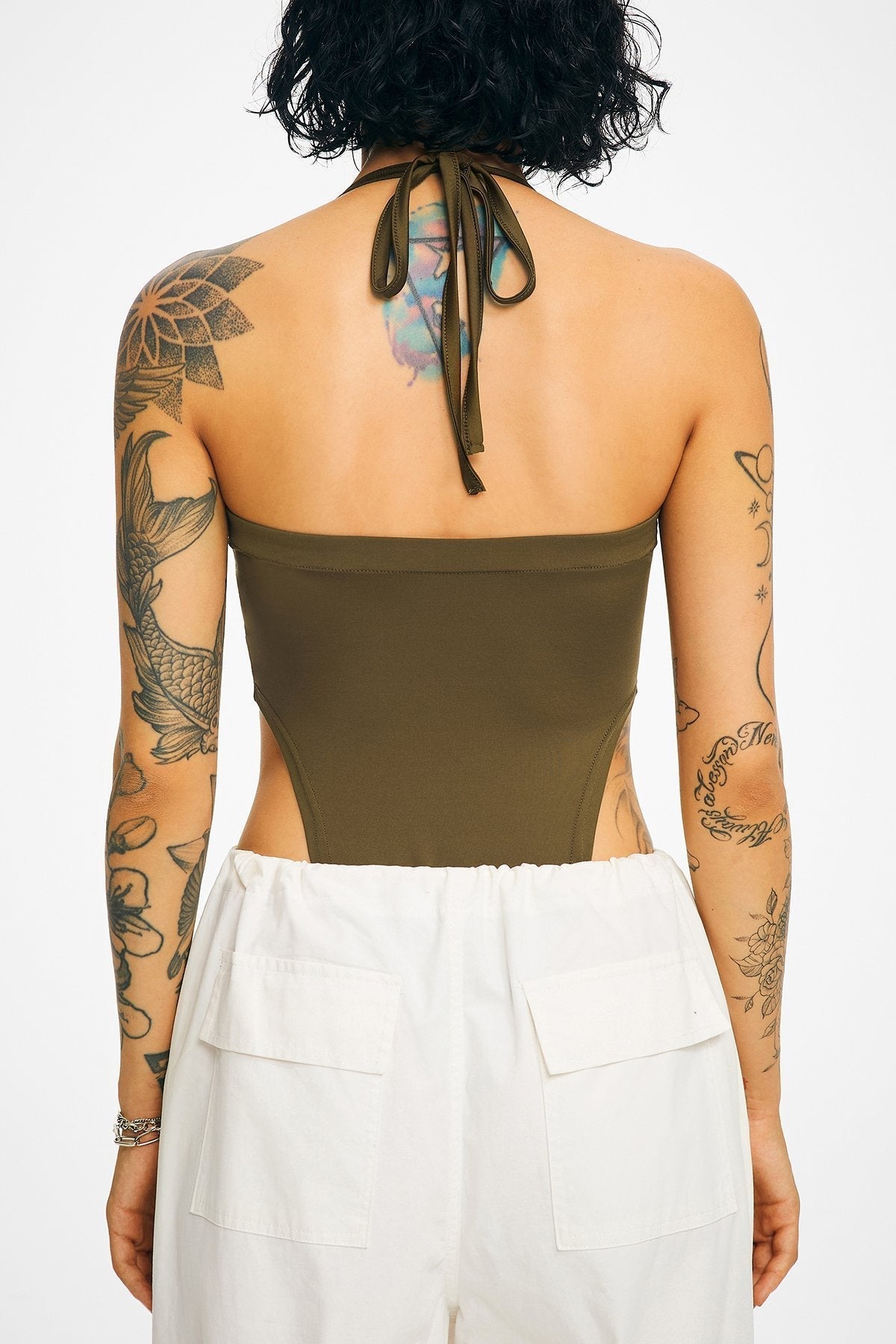 Halter Neck Solid Backless Bodysuit