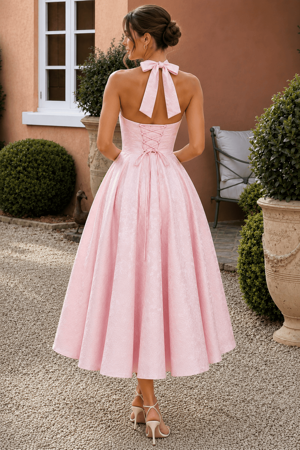 Halter V Neck Jacquard Backless Midi Dress