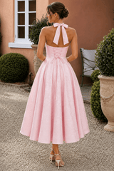 Halter V Neck Jacquard Backless Midi Dress