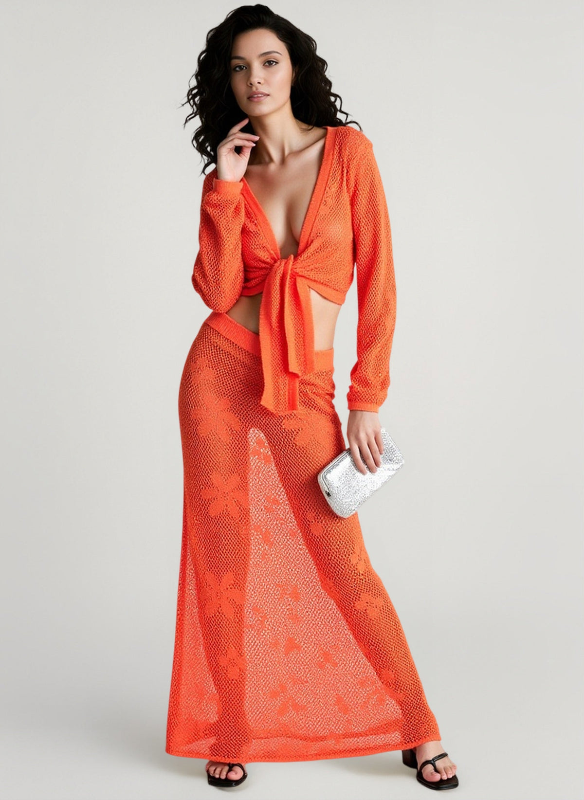 Knit Cutout Long Sleeve Crop Top Skirt Vacation Set
