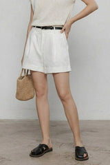 White Linen Cuffed Loose Fit Shorts Pants
