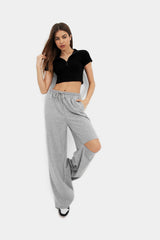 High Waist Dual Pocket Ripped Straight Pants