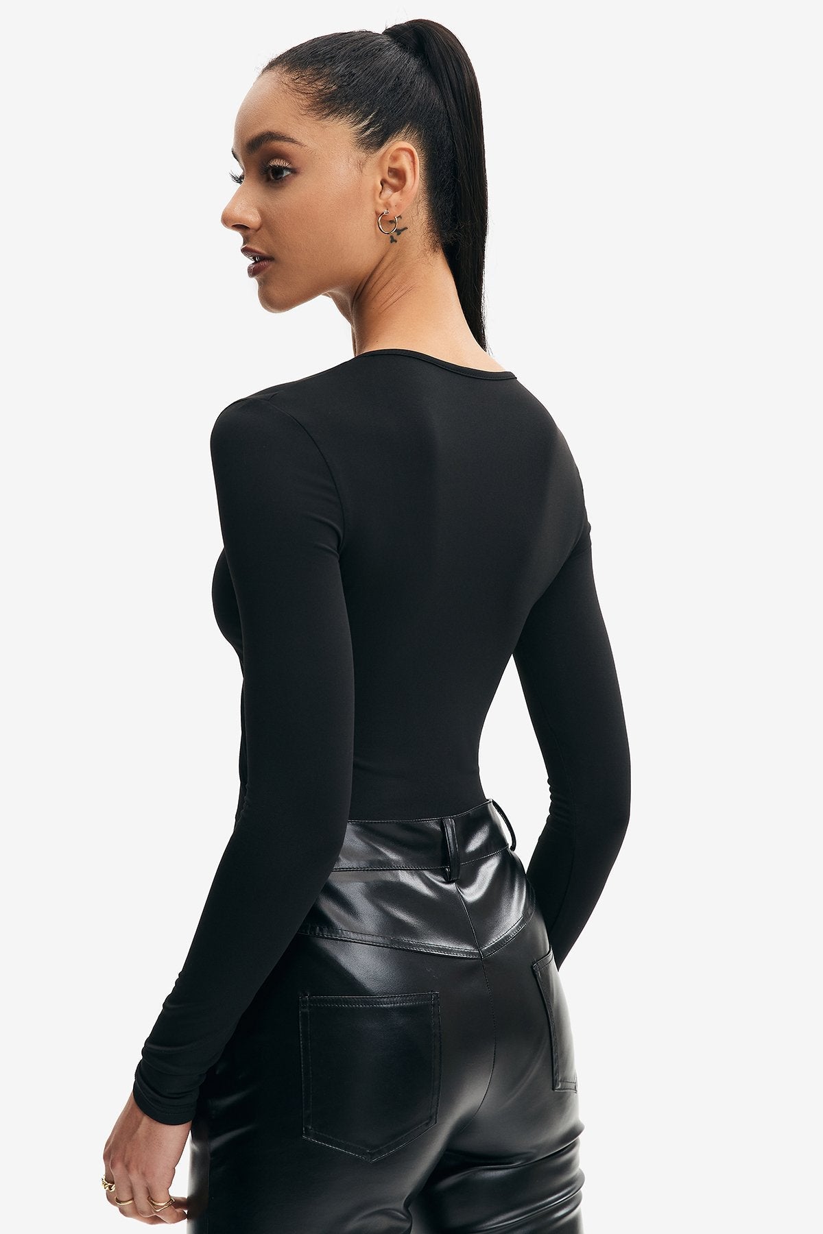Plunging Neck Long Sleeve Solid Bodysuit