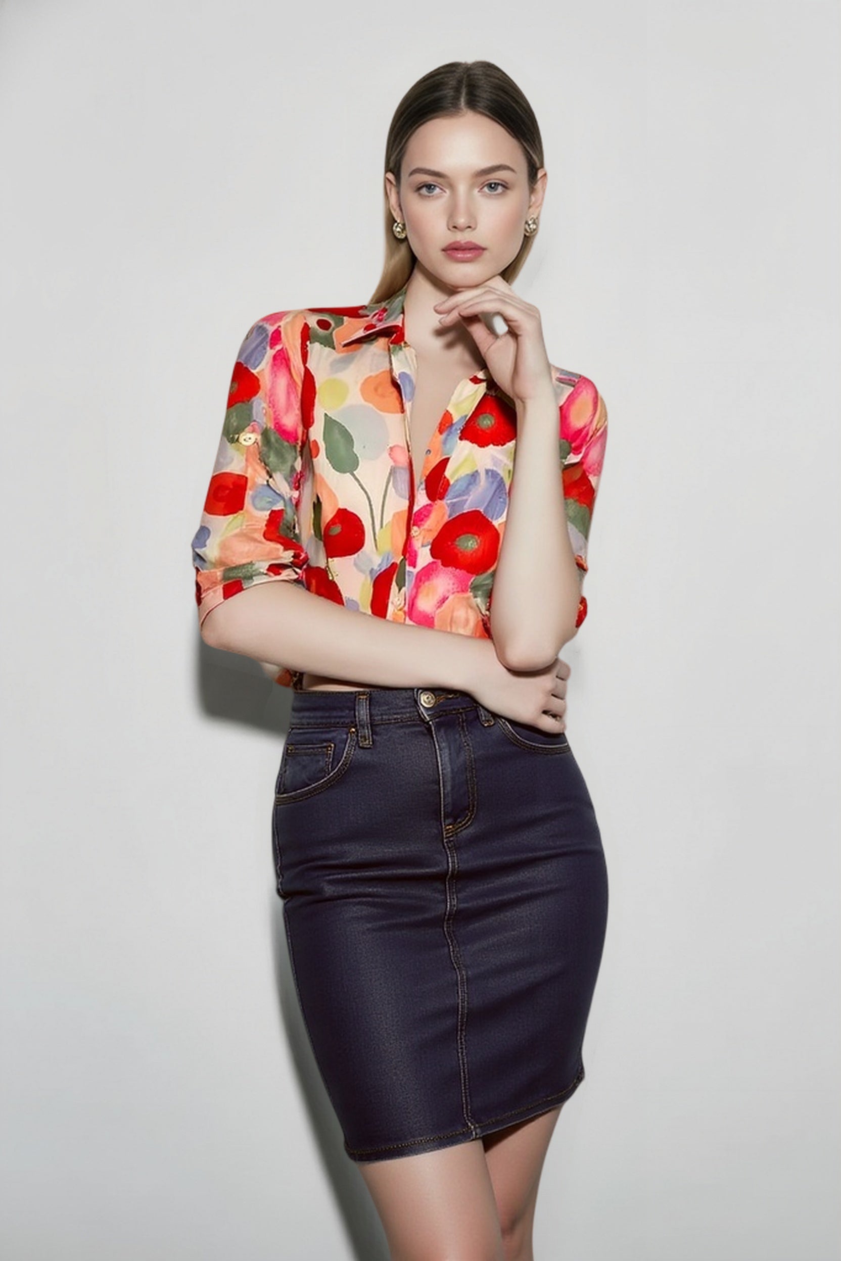 Simple Cartoon Floral Print Plus Size Blouse