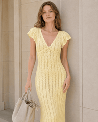 Ruffled Knit Backless V-Neck Boho Dress