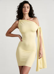 Elegant Tie Strap Asymmetric Neck Ruched Bodycon Mini Dress