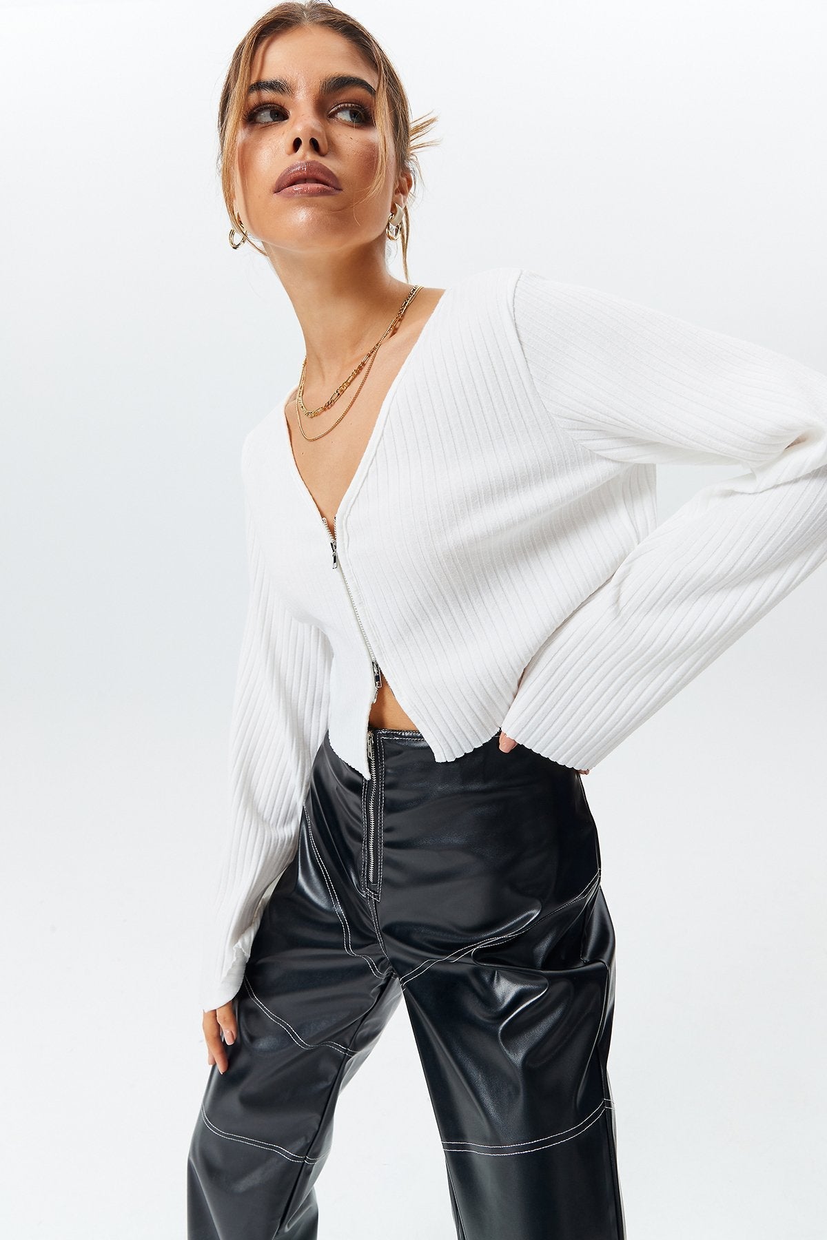 Crop Ribbed Zipper Front Long Sleeve Blouse