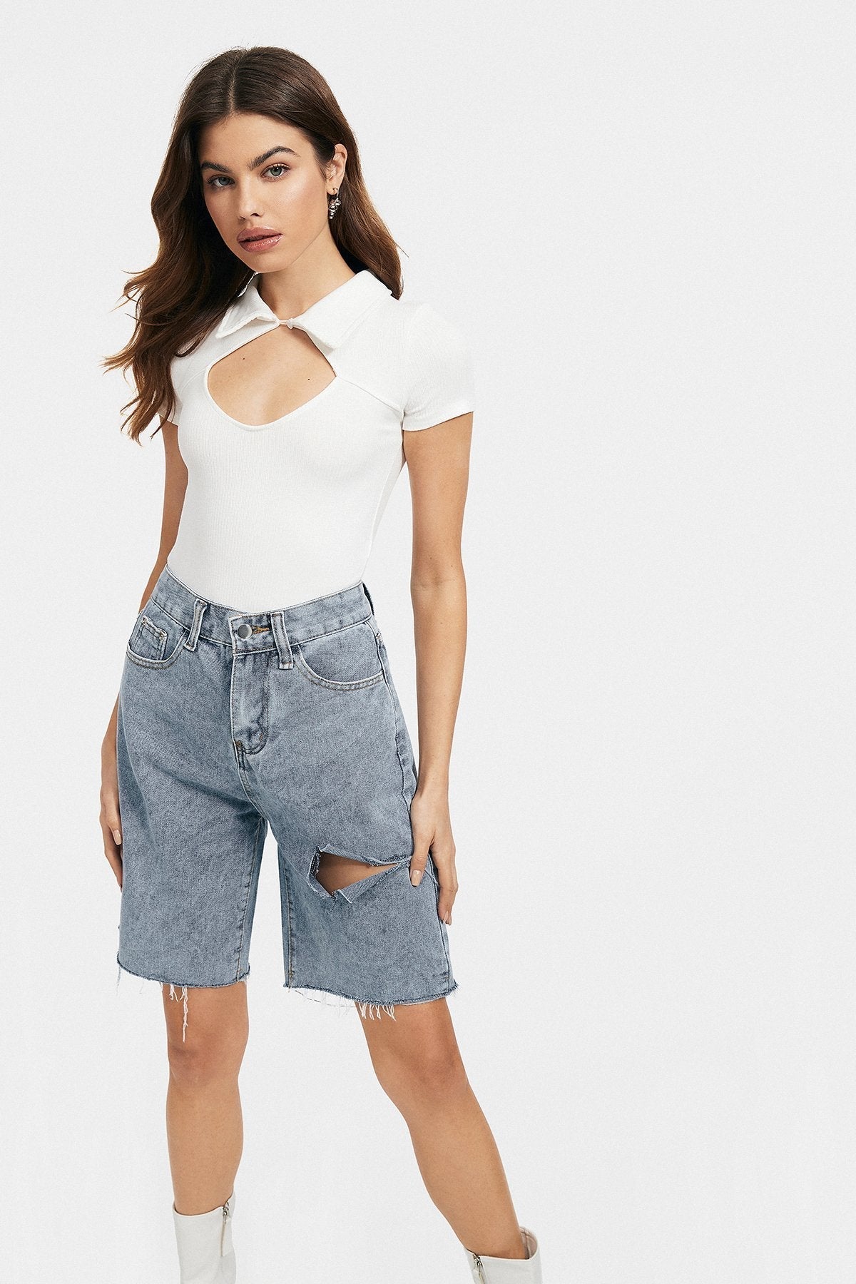 Lapel Neck Cut Out Short Sleeve Solid Bodysuit