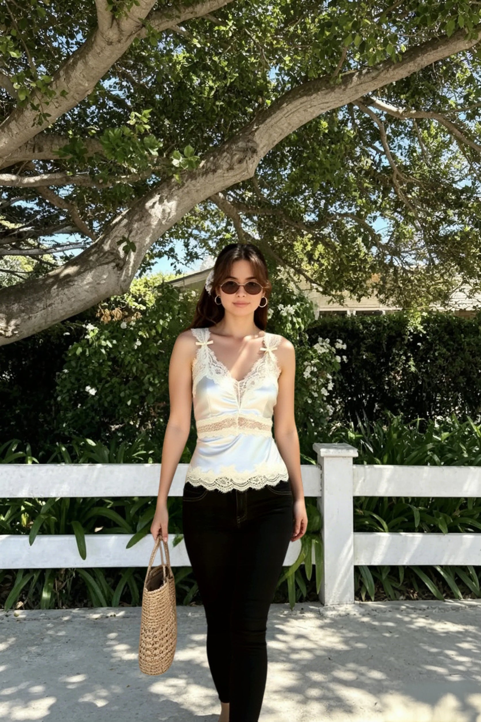 Bow Lace Patch V Neck Solid Tank Top