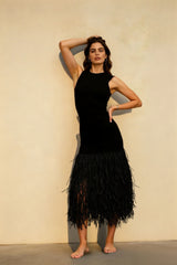 Solid Raffia Panel Knit Midi Chic Cocktail Dress