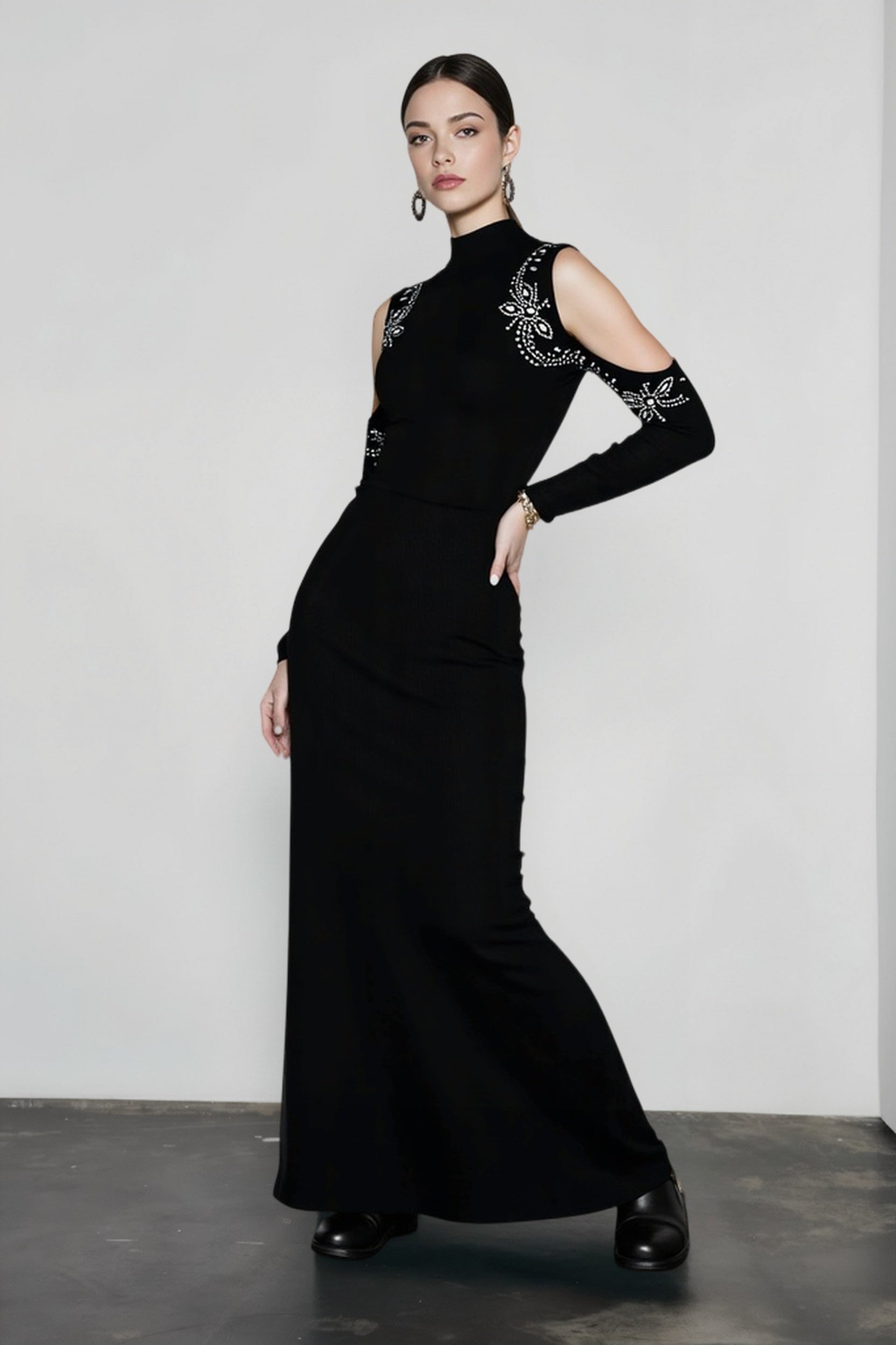Rhinestone Off Shoulder Turtleneck Bodycon Dress