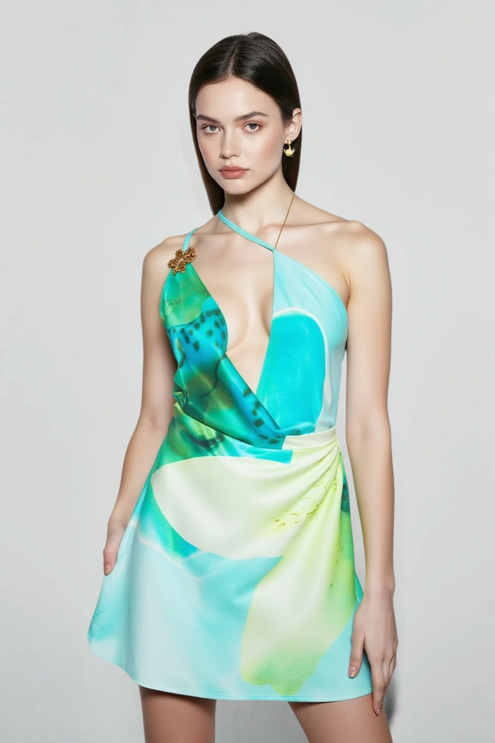 Draped One Shoulder Print Vacation Dress