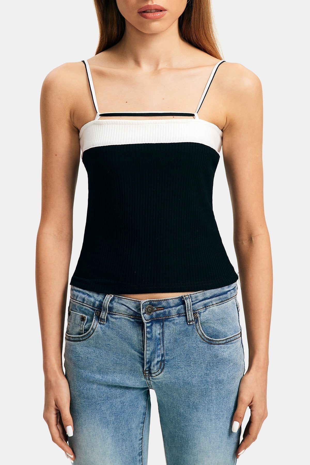 Two Tone Tie Back Ribbed Cami Crop Top