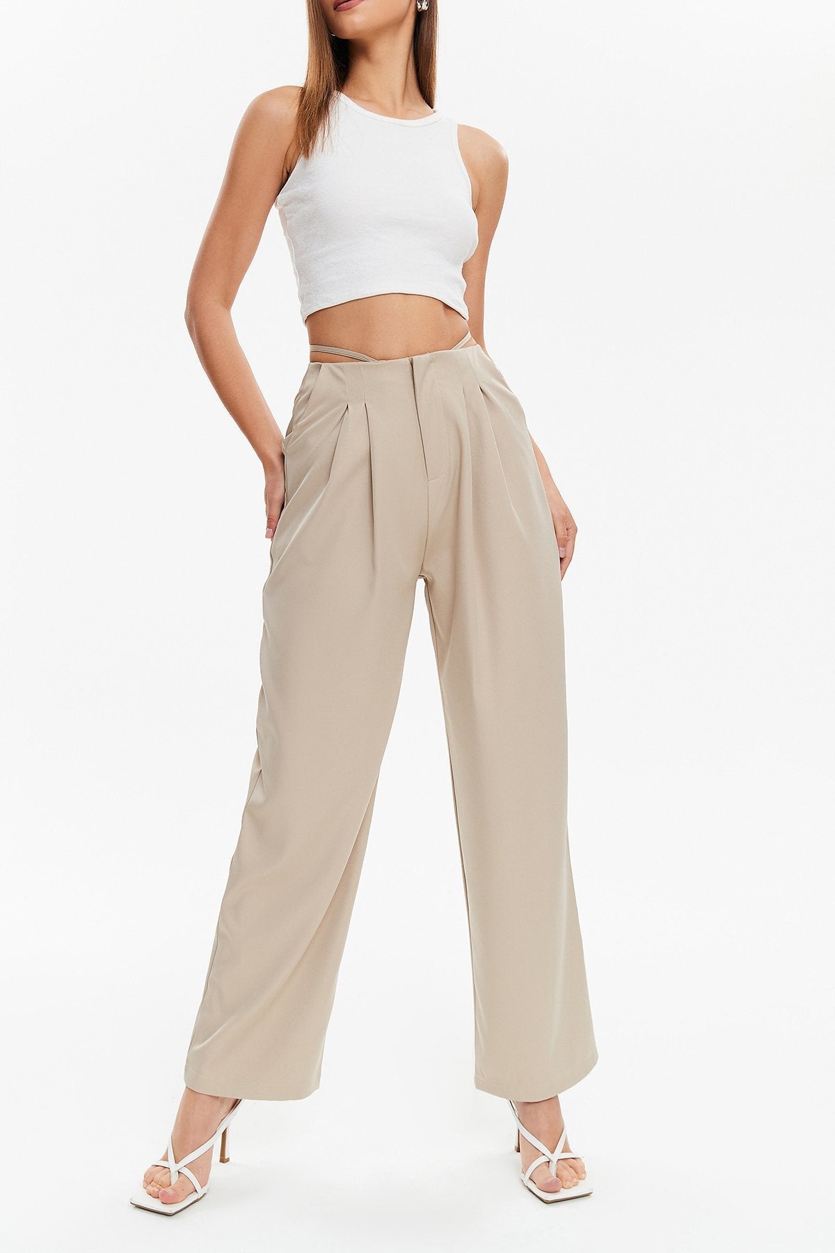 High Waist Tie Back Wide Leg Pants