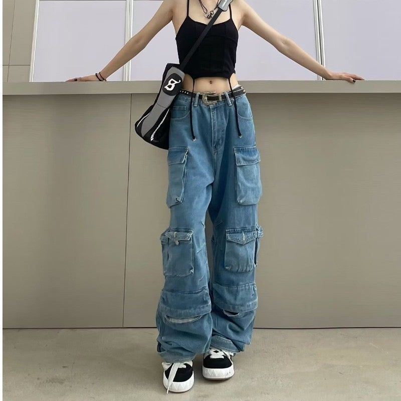 Multi Pocket Rolled Hem Wide Leg Cargo Jeans