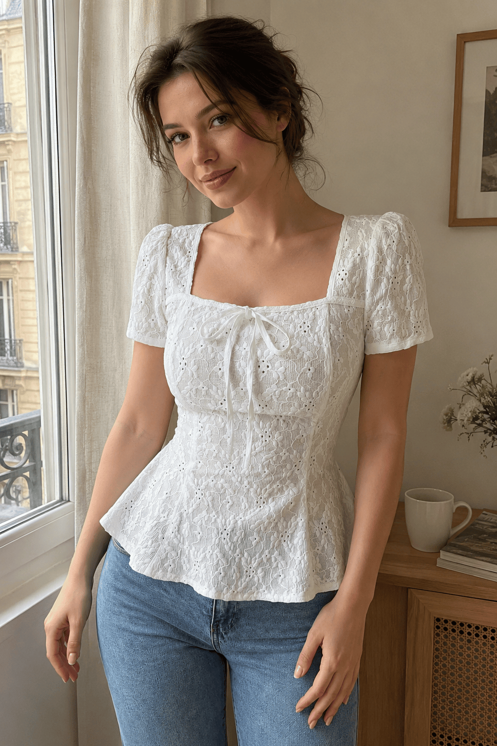 Square Neck Bow Lace Short Sleeve Blouse
