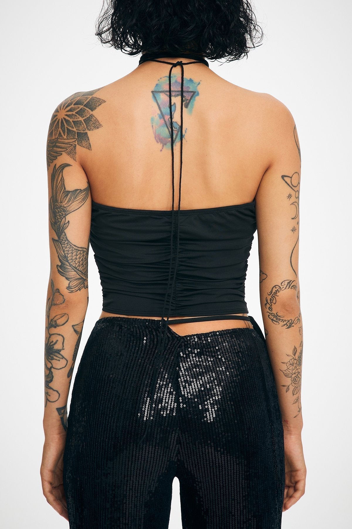 Floral Decor Halter Neck Ruched Backless Crop Top