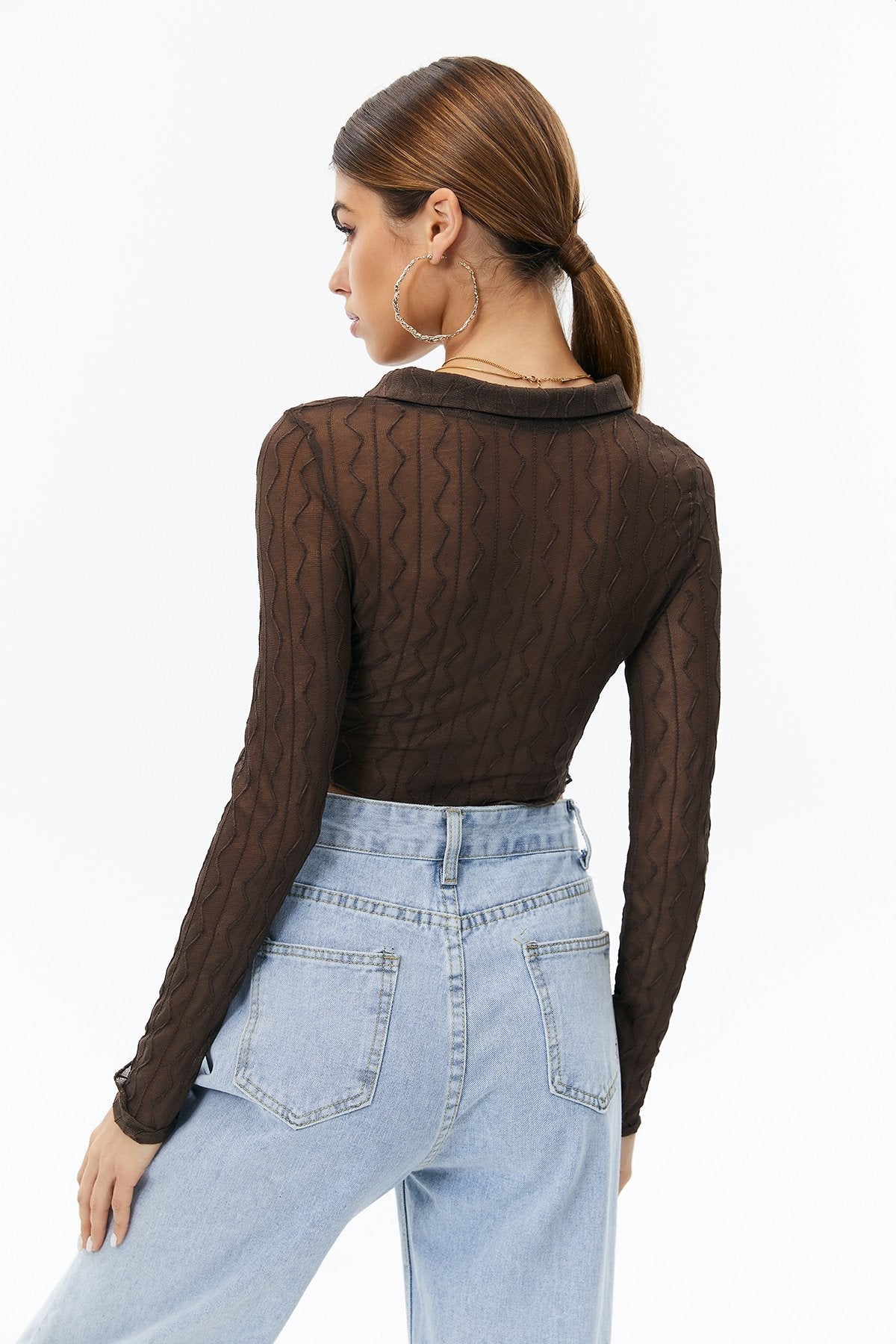 Lettuce Trim Split Hem Mesh Long Sleeve Top