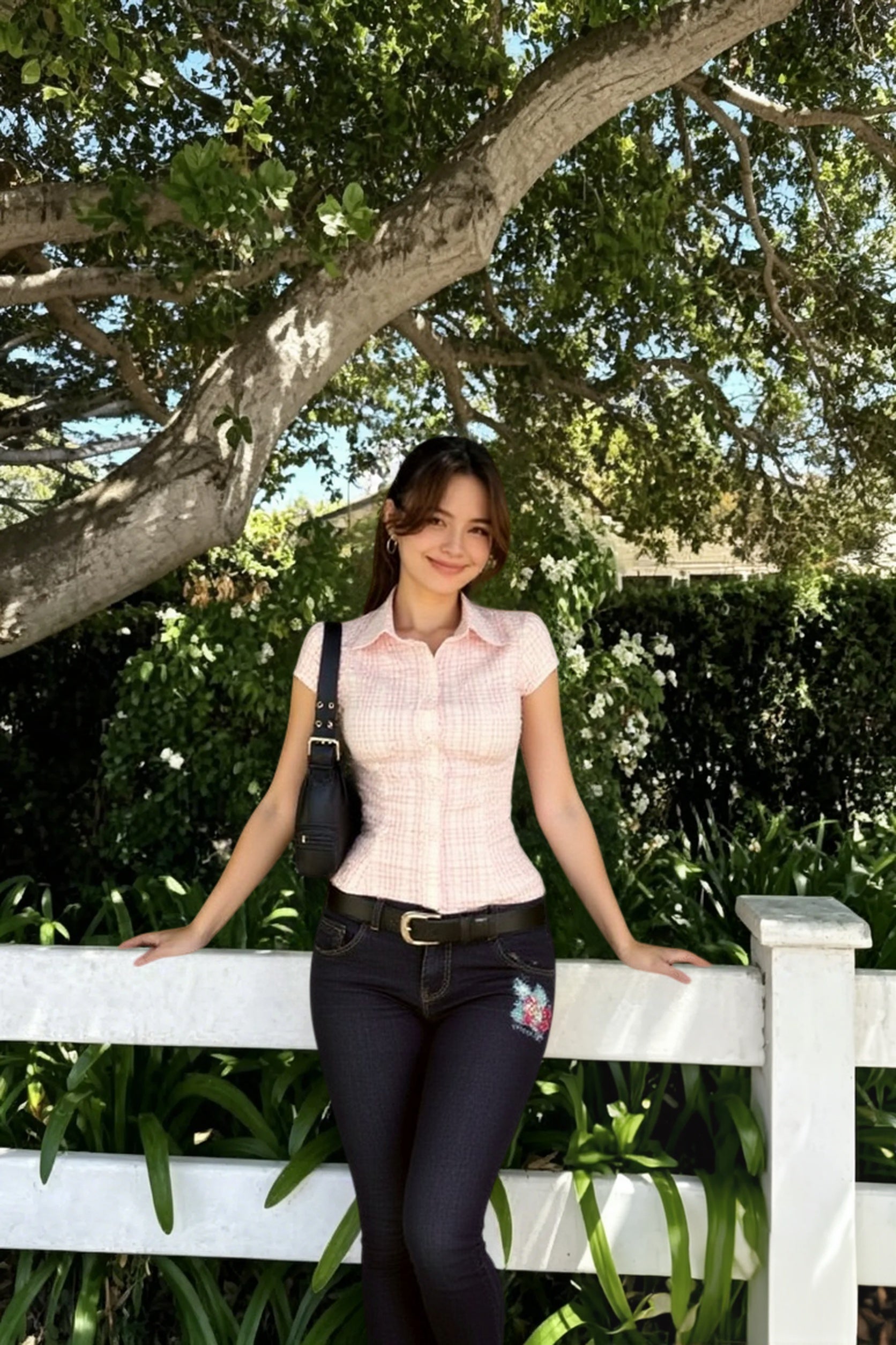 Plaid Button Front Fitted T-Shirt