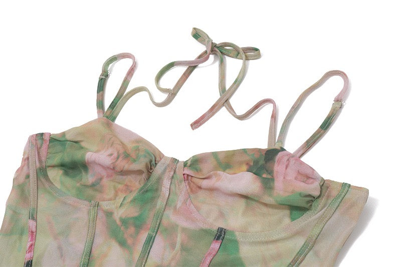 Floral Print Ruched Cami Dress With High Split