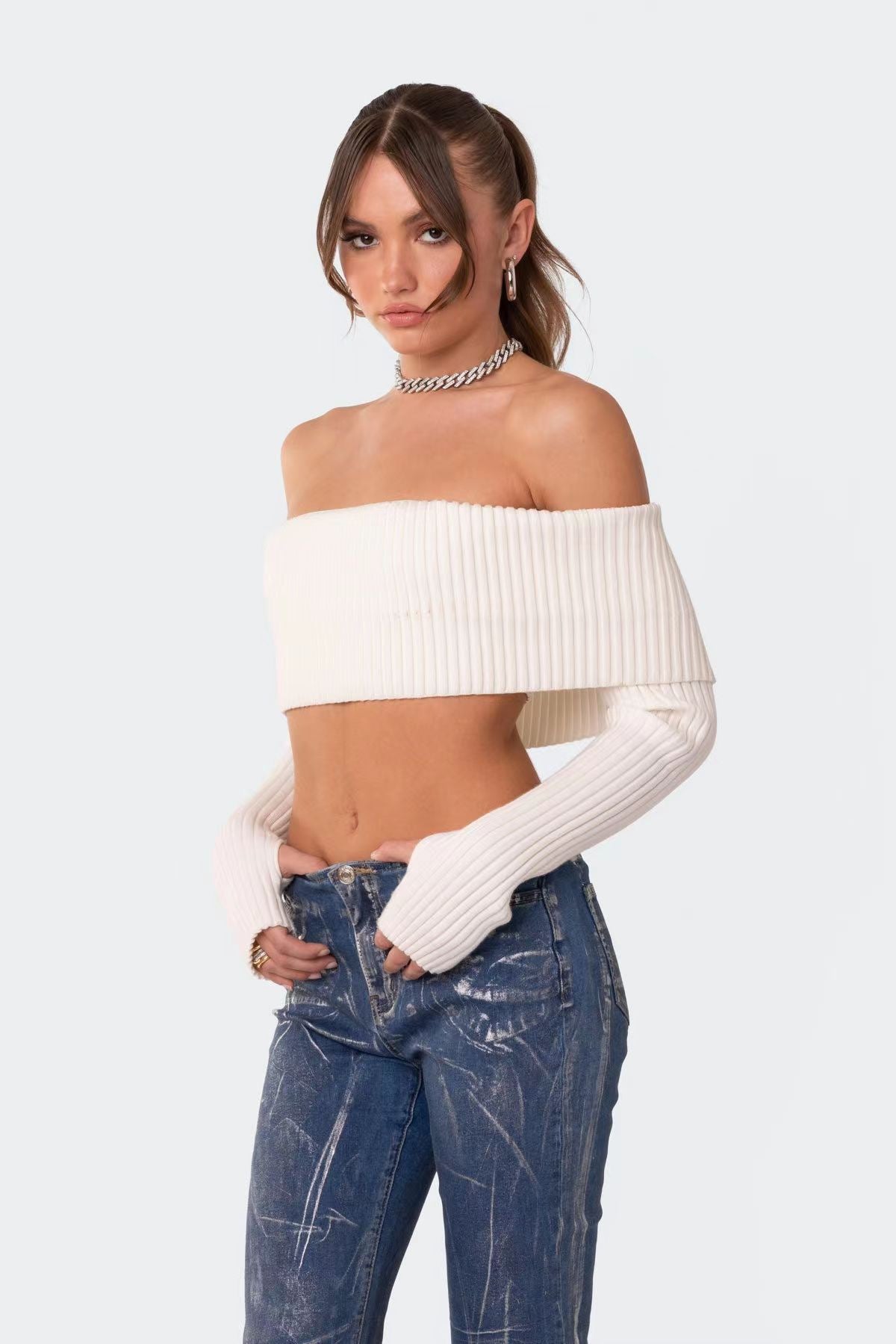 Off Shoulder Wrap Crop Knit Top