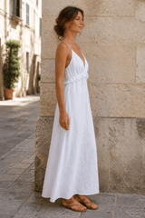 Sexy White Cotton Linen V-Neck Ruffle Loose Maxi Dress
