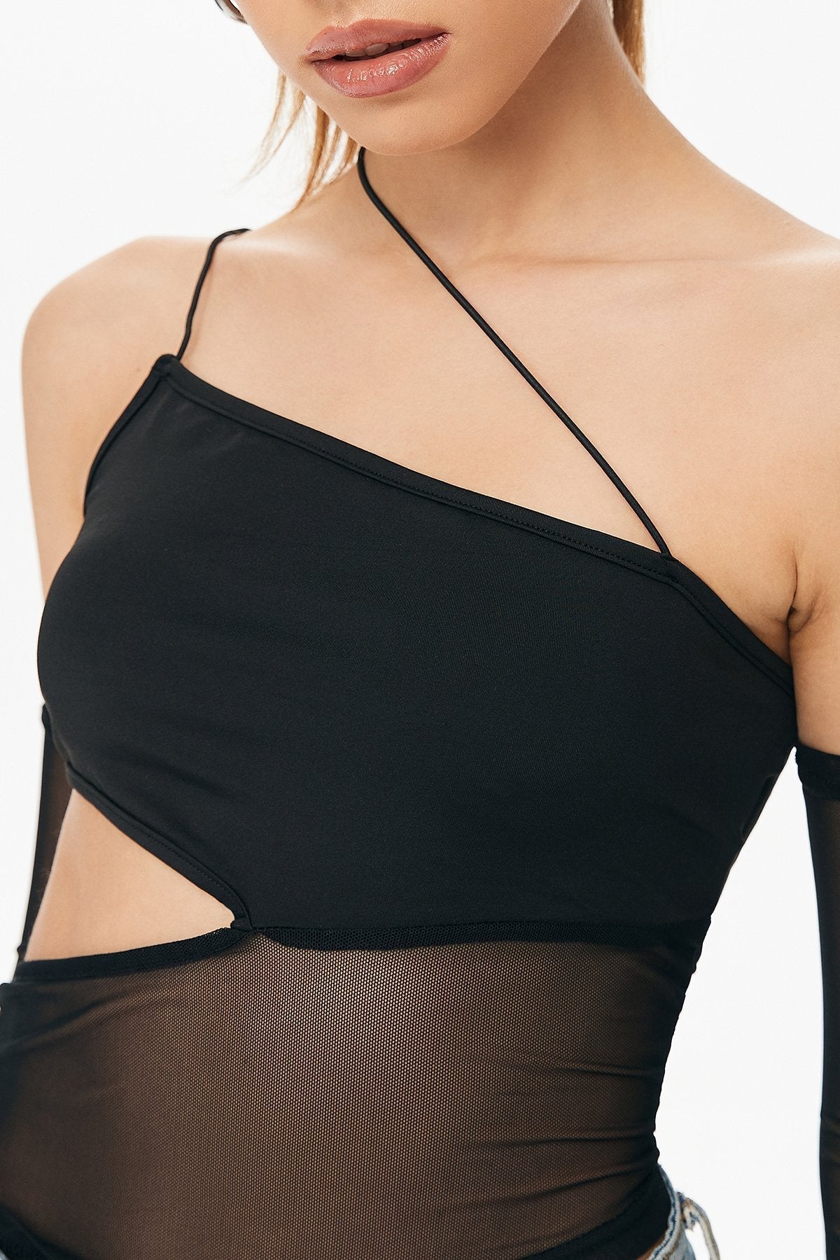 Mesh Splicing Off Shoulder Long Sleeve Crop Top
