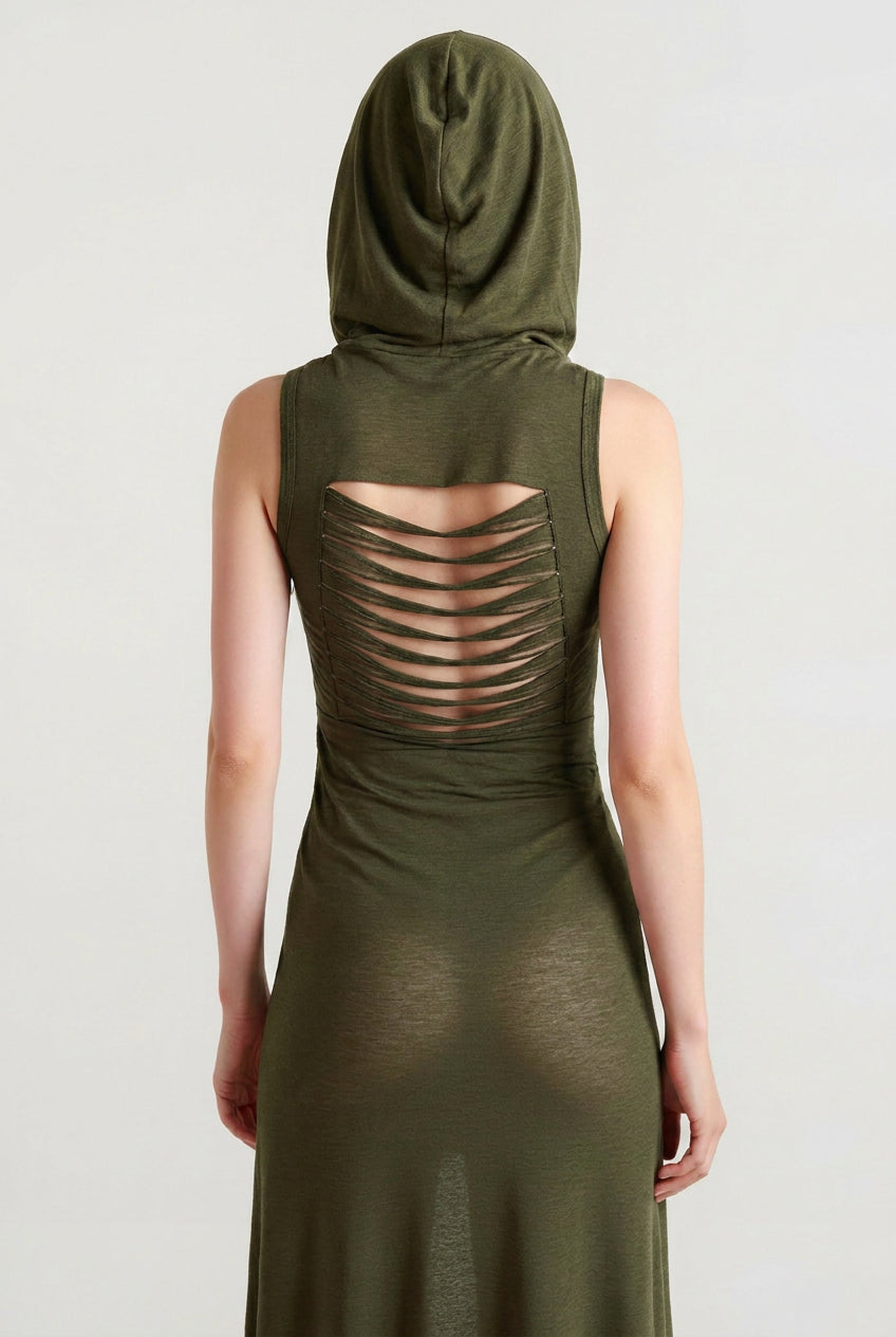 Hollow Back Slit Hooded Midi Dress