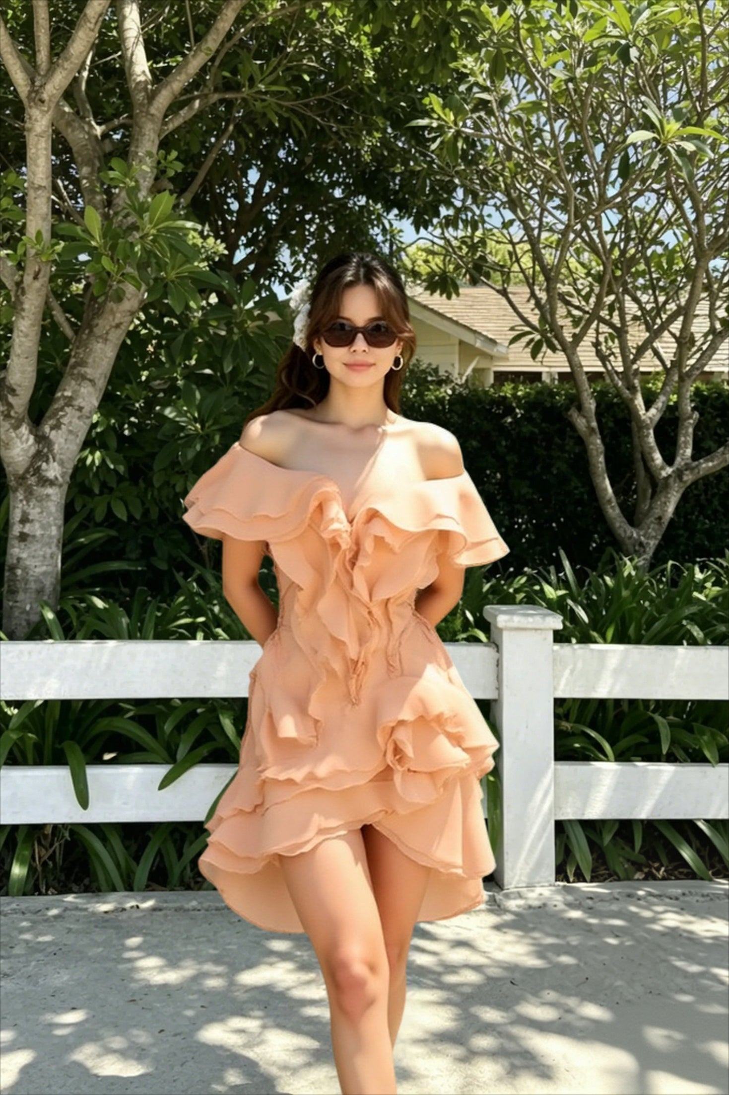 Slash Neck Ruffle Spliced Floral Dress
