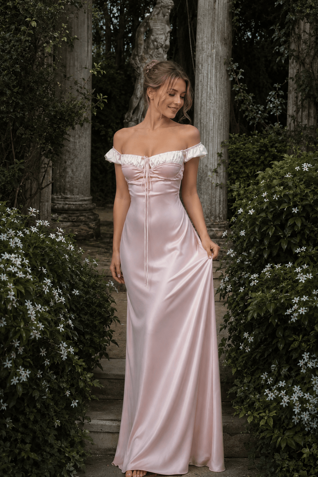 Satin Strapless Tie Slim Romantic Maxi Dress