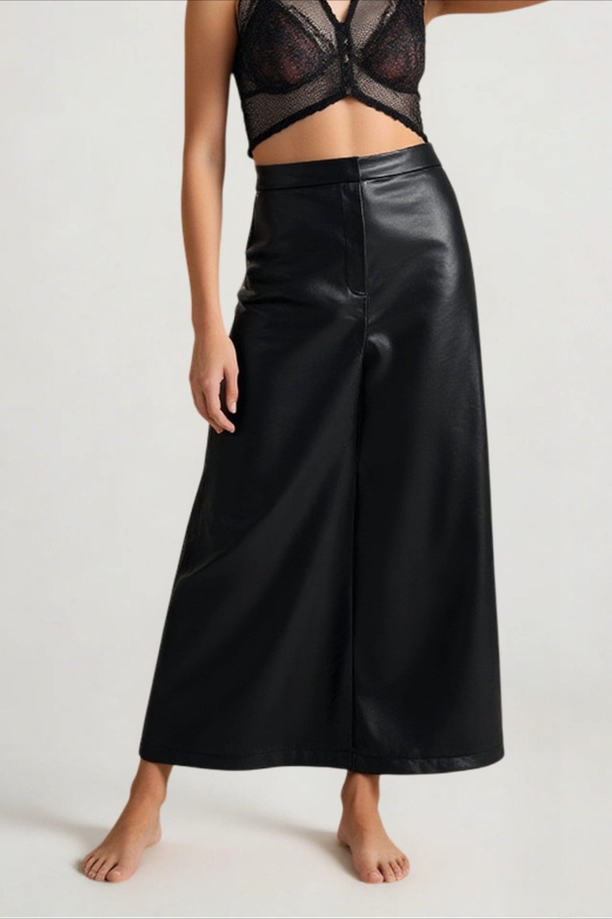 High Slit PU Leather Bodycon Skirt