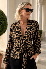 Leopard Print V-Neck Tie Long Sleeve Blouse