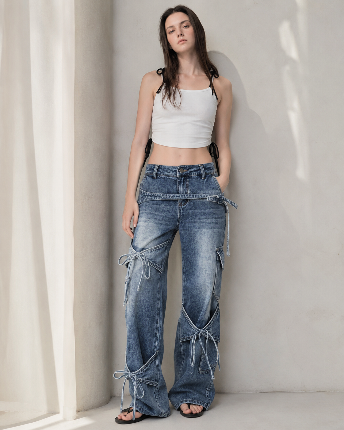 Bow Tie Strap Wide Leg Jeans