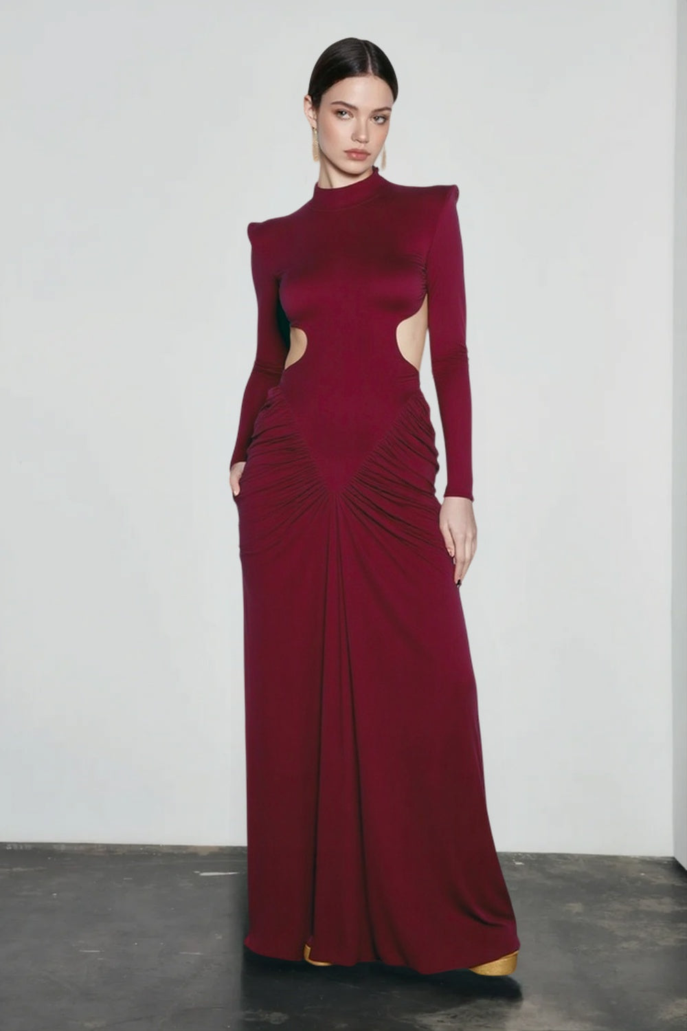 Slim Solid Long Sleeve High Neck Ruched Backless Formal Dress