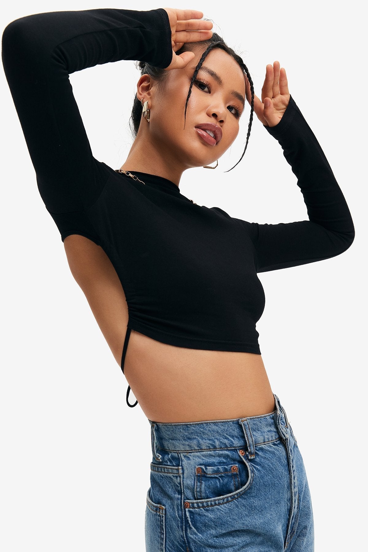 Solid Tie Backless Curved Hem Crop Top