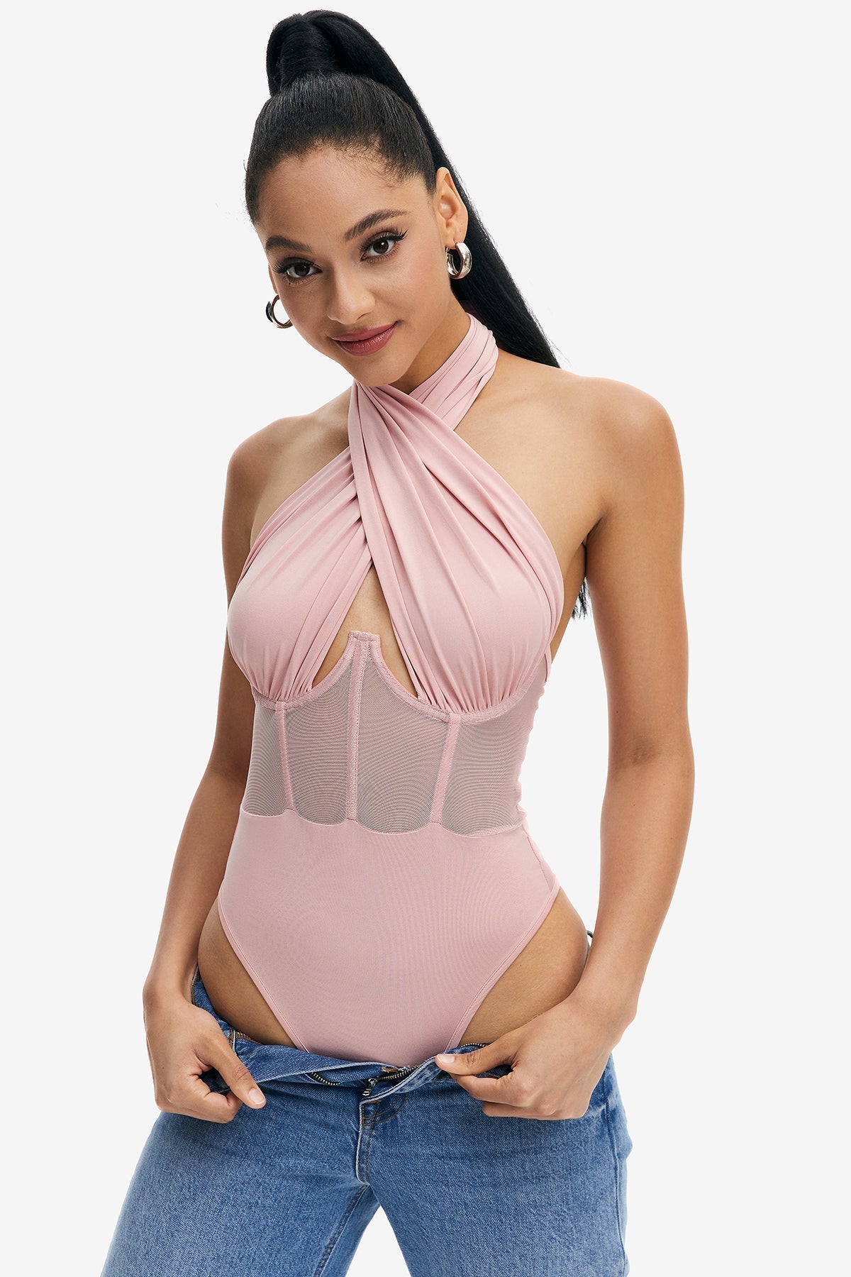 Crisscross Neck Mesh Splicing Boning Backless Bodysuit