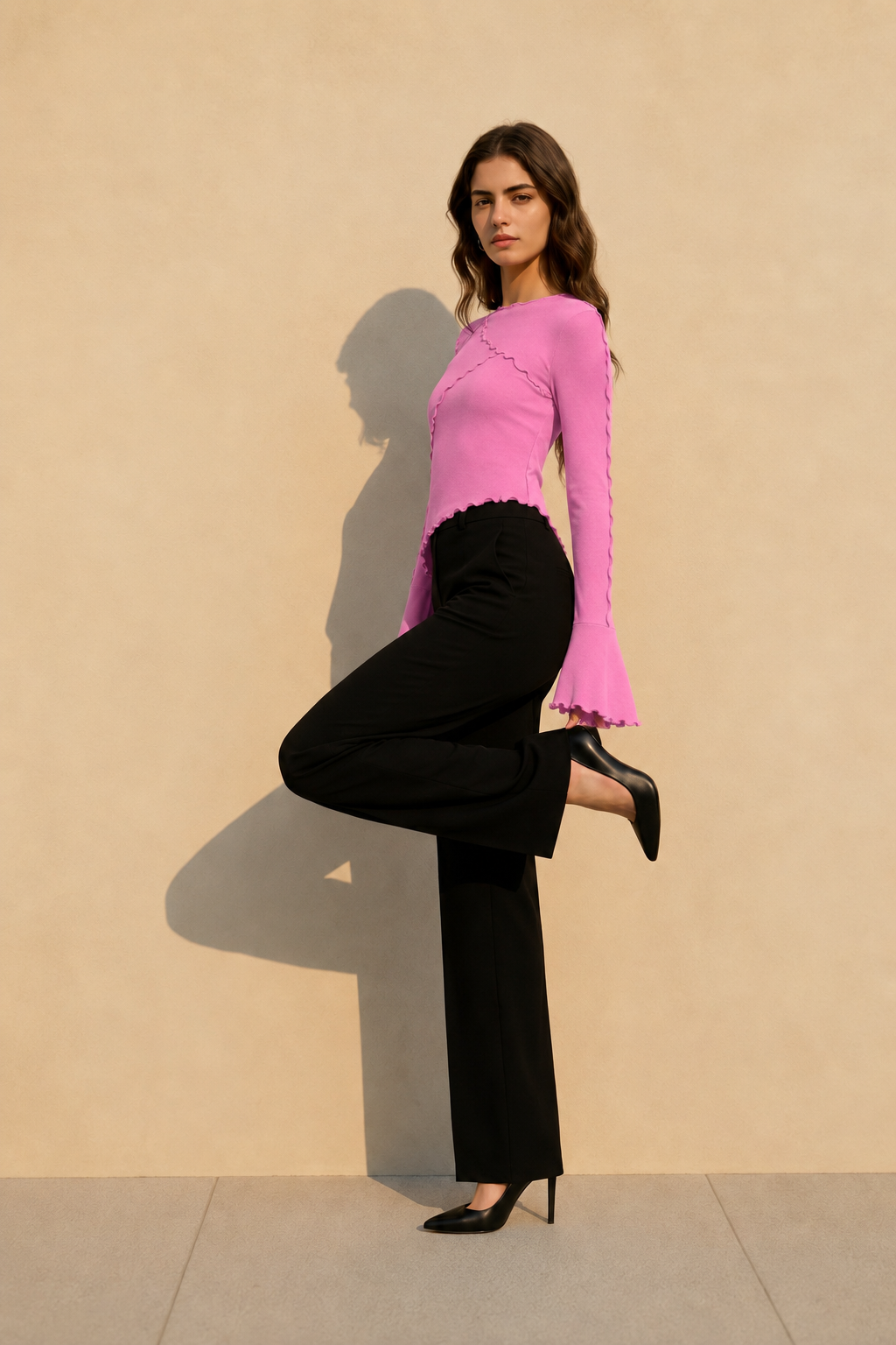Solid Mock Neck Paneled Ruffled Long Sleeve Tee